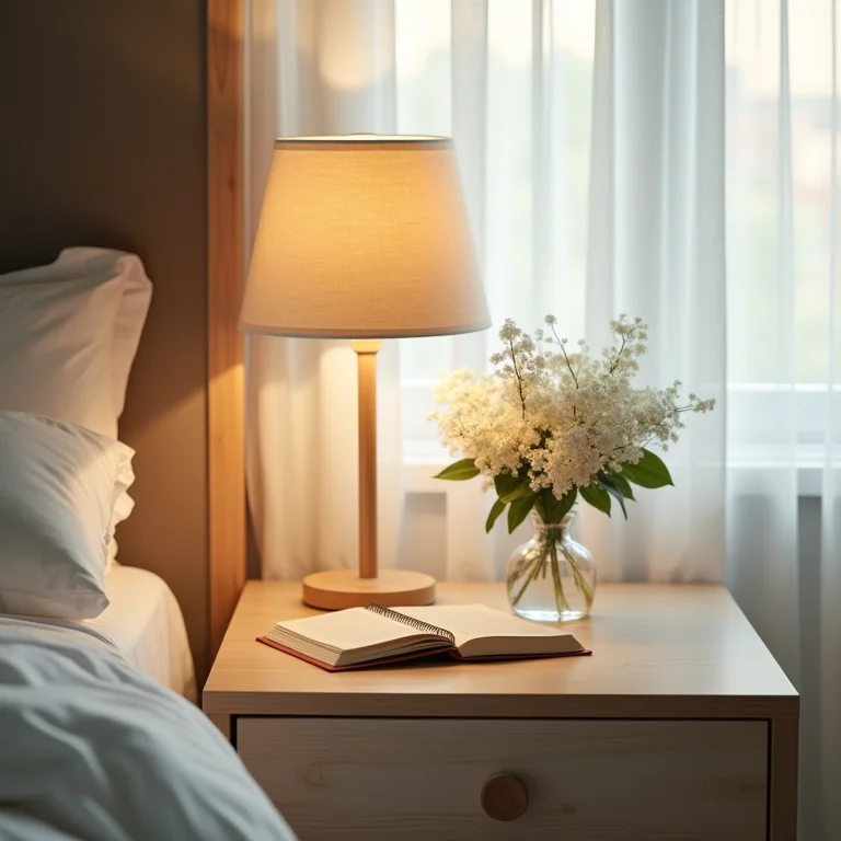Mesa de cabeceira organizada com itens essenciais