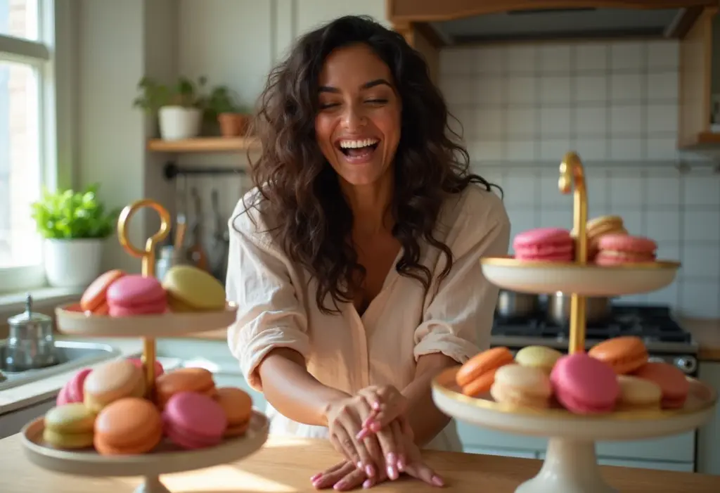 Mesa de doces alegre e convidativa com macarons coloridos