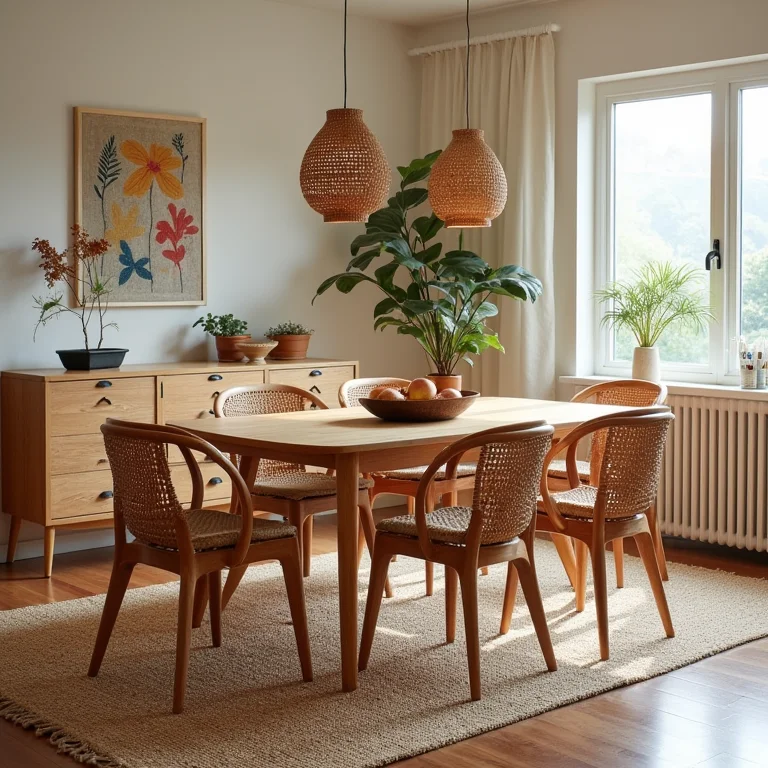 Mesa de jantar em sala de jantar eclética.