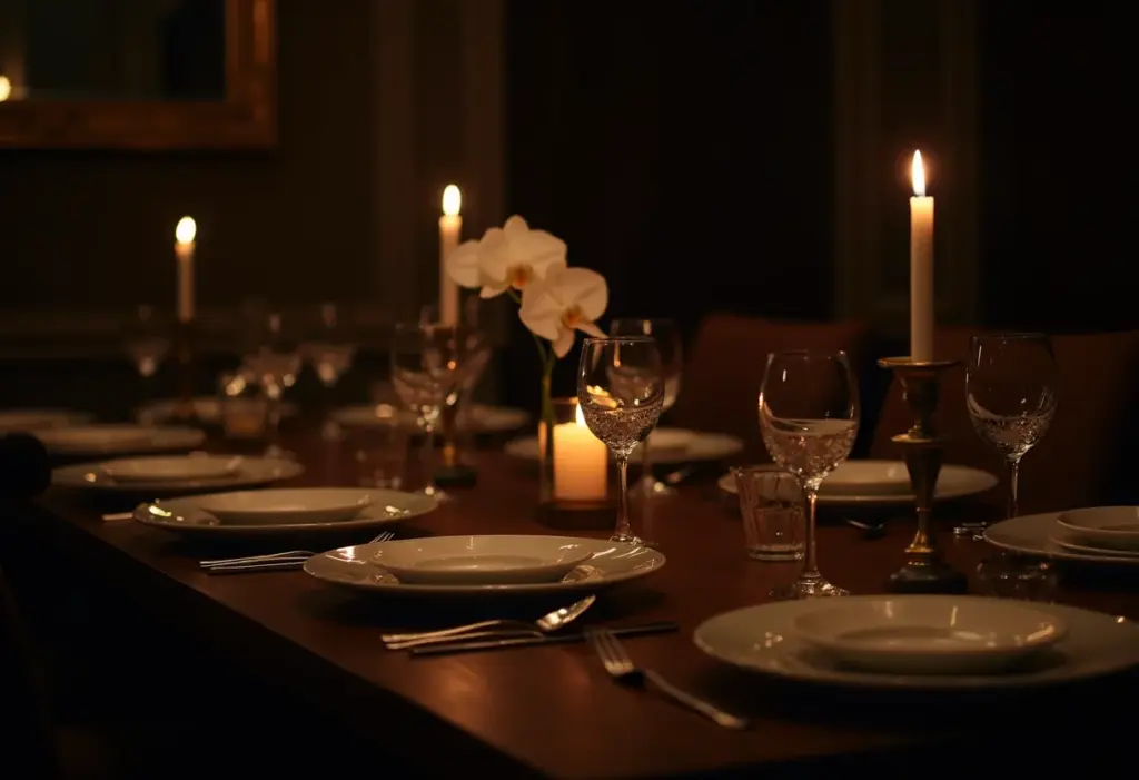 Mesa de jantar formal finamente decorada à luz de velas