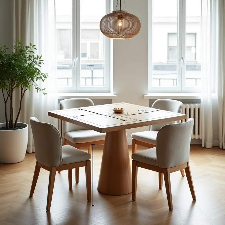 Mesa de jantar quadrada com medidas detalhadas.