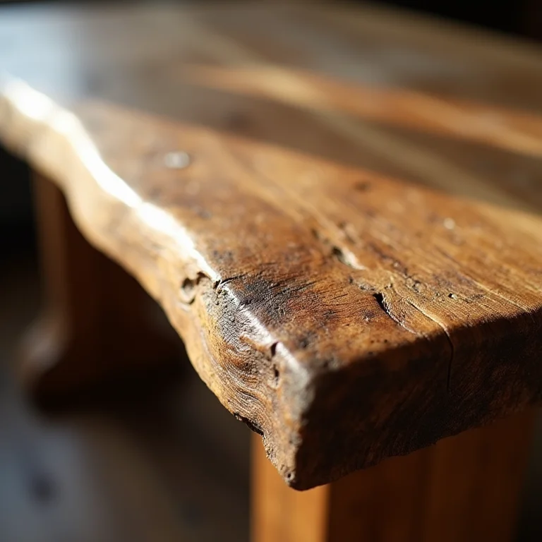 Mesa de madeira rústica com detalhes artesanais.