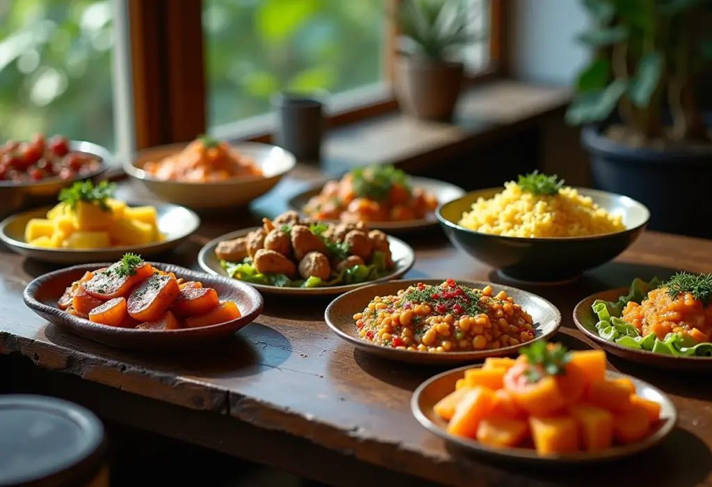 Mesa farta com pratos típicos de restaurantes brasileiros renomados