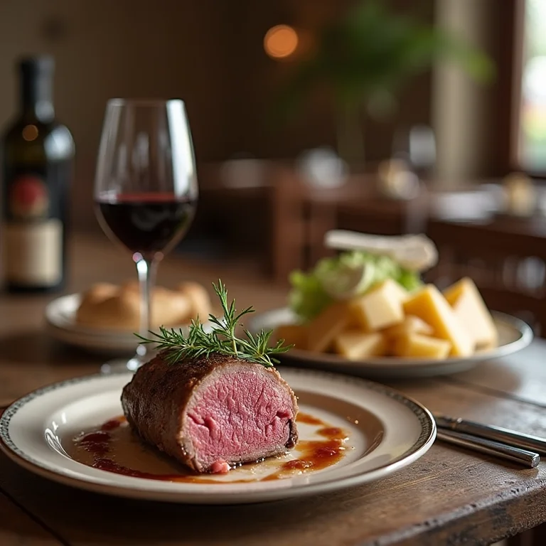 Mesa posta com pratos da gastronomia local de Villa La Angostura, como cordeiro patagônico e queijos artesanais.