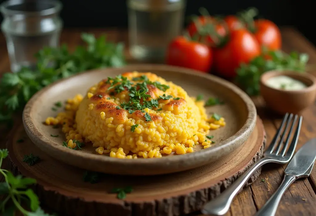 Mesa rústica com pratos da culinária goiana: pamonha, arroz com pequi e empadão.
