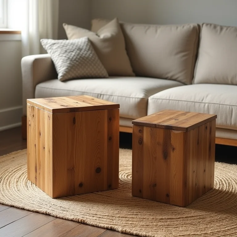 Mesas de centro e laterais feitas com caixas de madeira.