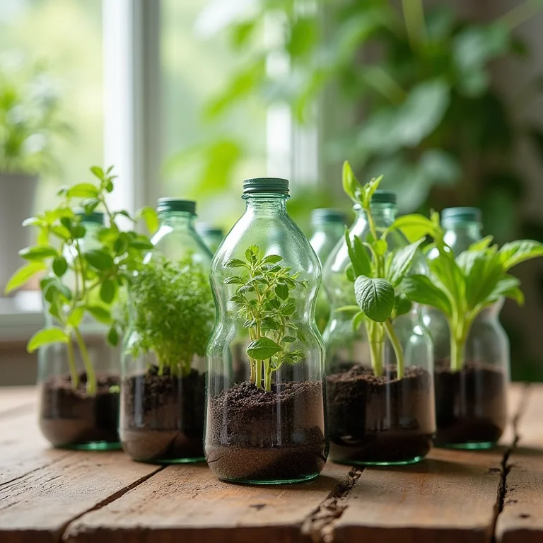 Mini hortas individuais em garrafas PET sobre mesa de madeira