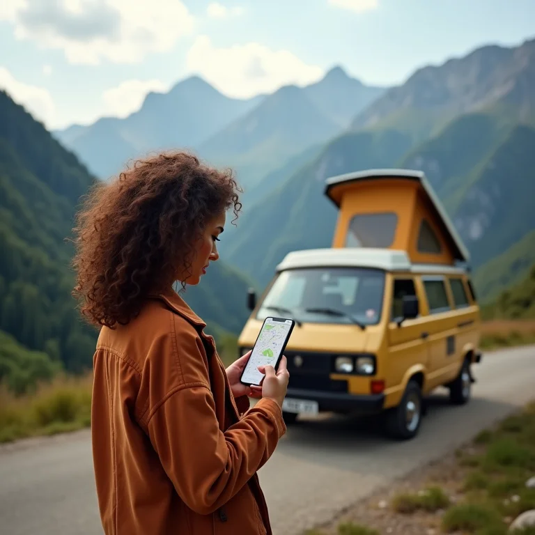 Mochileira usando Maps.me perto de camper van.