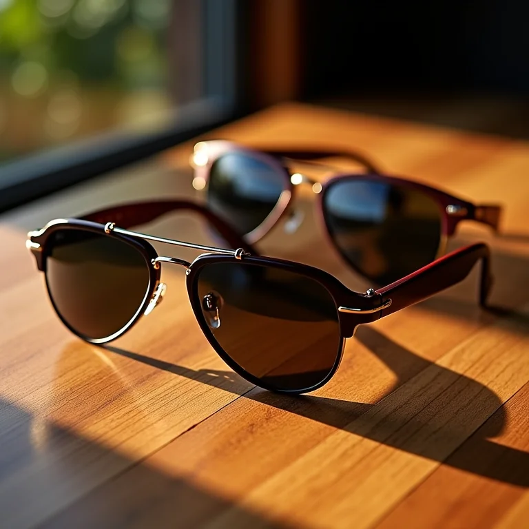 Modelos de óculos de sol clássicos em mesa de madeira