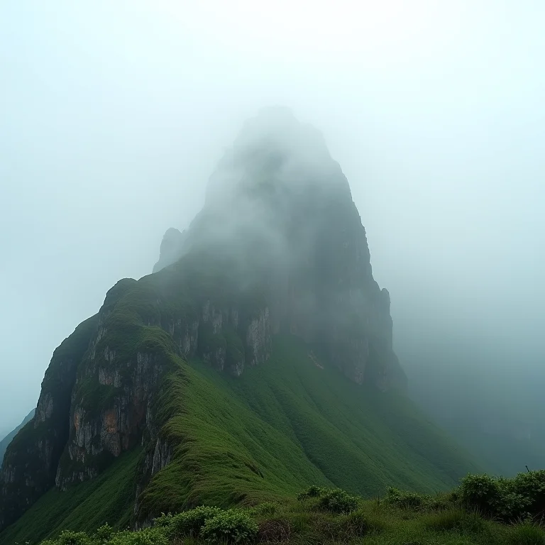 Monte Roraima envolto em névoa, com formações rochosas únicas.