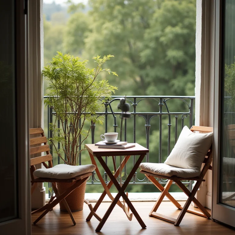 Móveis funcionais para varanda com mesa, cadeiras e almofadas