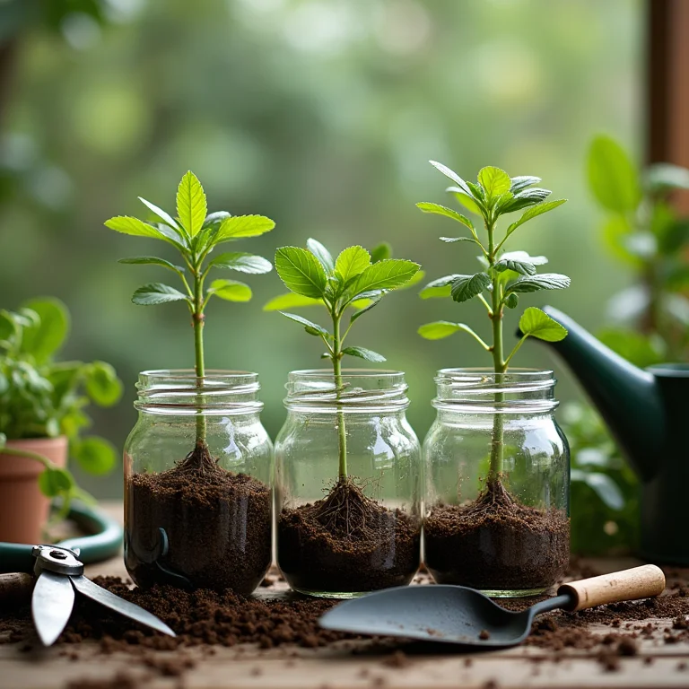Mudas por estaquia em potes de vidro com ferramentas de jardinagem