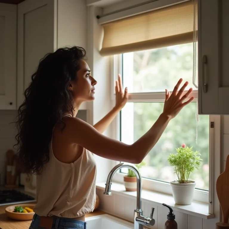Mulher abrindo janela de cozinha compacta com cortina rolô