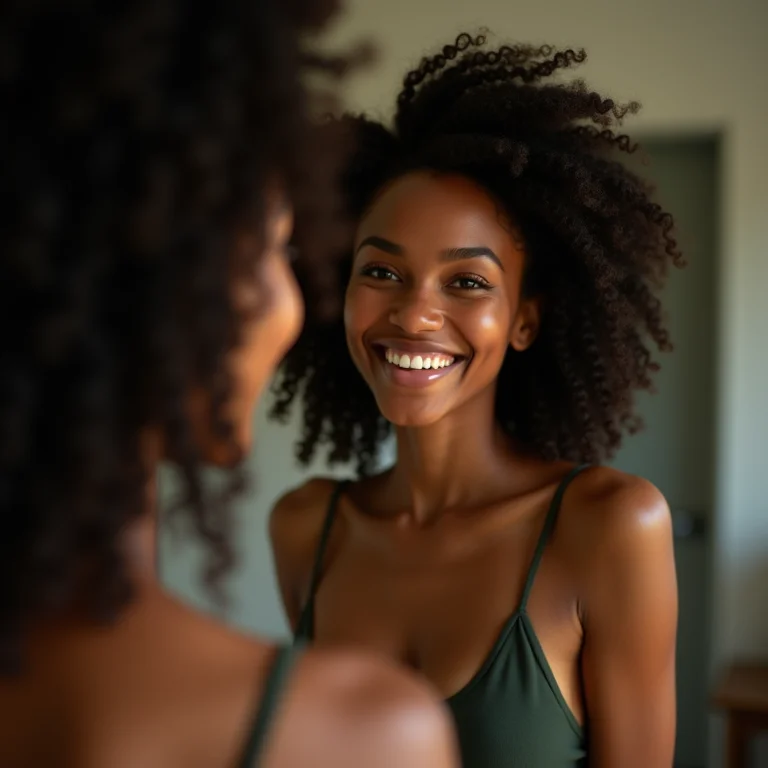 Mulher admirando o brilho e a hidratação do cabelo no espelho