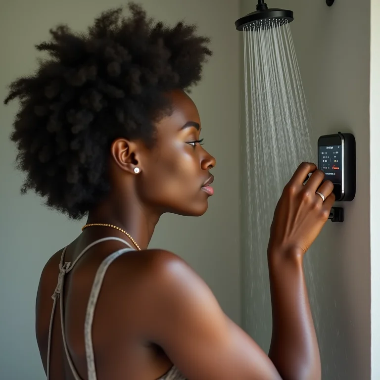 Mulher ajustando a temperatura de um chuveiro eletrônico
