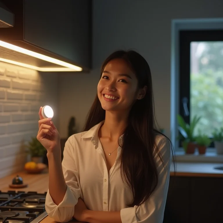Mulher ajustando iluminação inteligente na cozinha