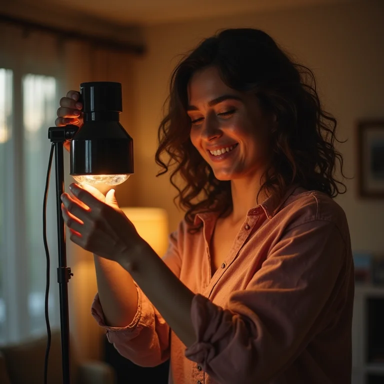 Mulher ajustando spot de luz na sala de estar.