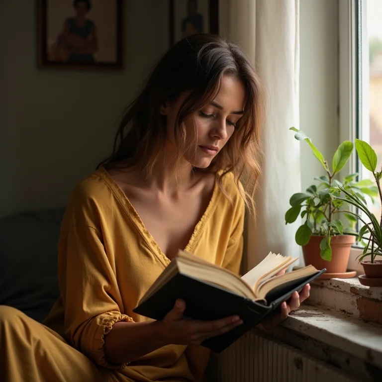 Mulher alcançando livro em prateleira de quarto pequeno