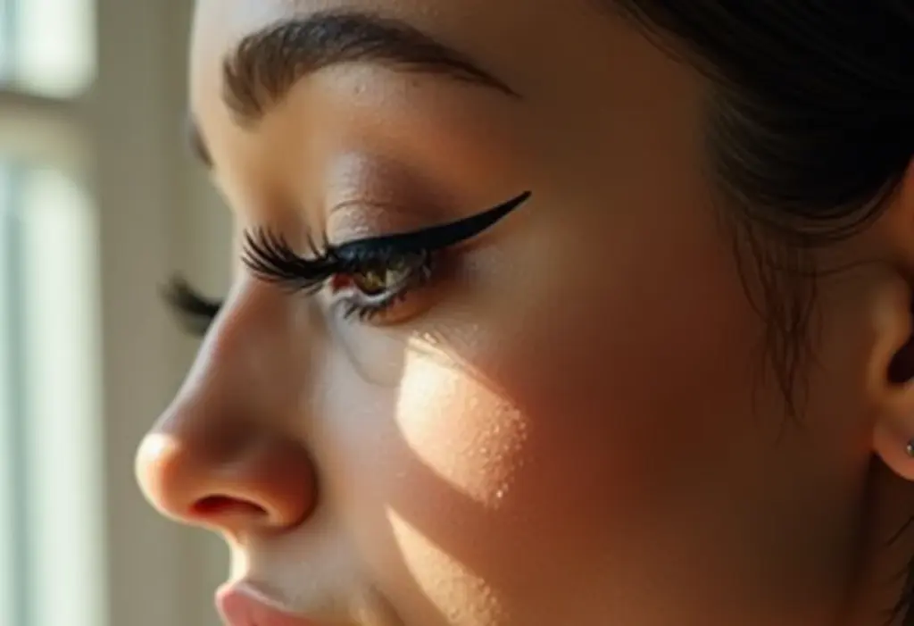 Mulher aplicando cílios postiços com pinça.