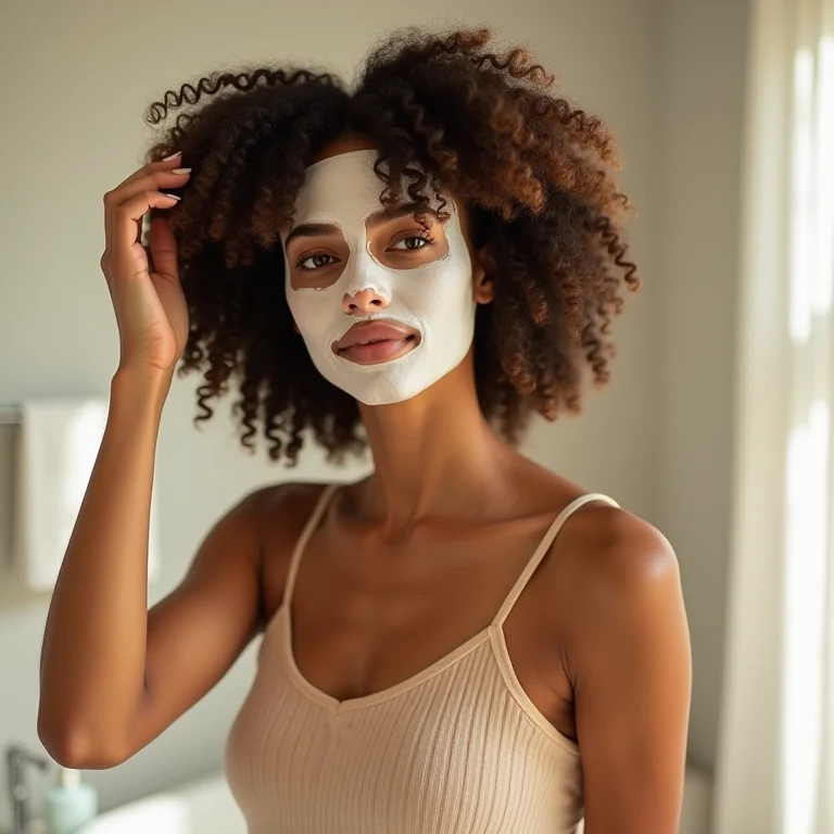 Mulher aplicando máscara de hidratação profunda nos cabelos cacheados.