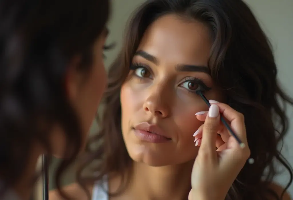 Mulher aplicando sombra com olhar confiante