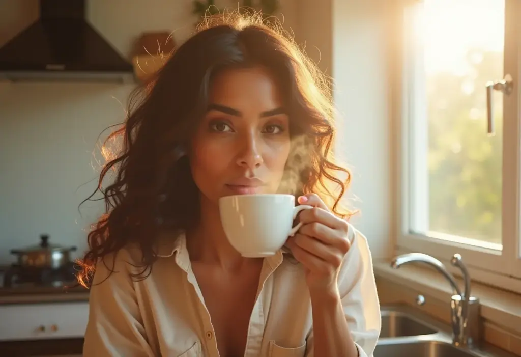 Cantinho do Café: 5 erros que você deve evitar na decoração Mulher apreciando café da manhã ensolarado em cozinha minimalista.