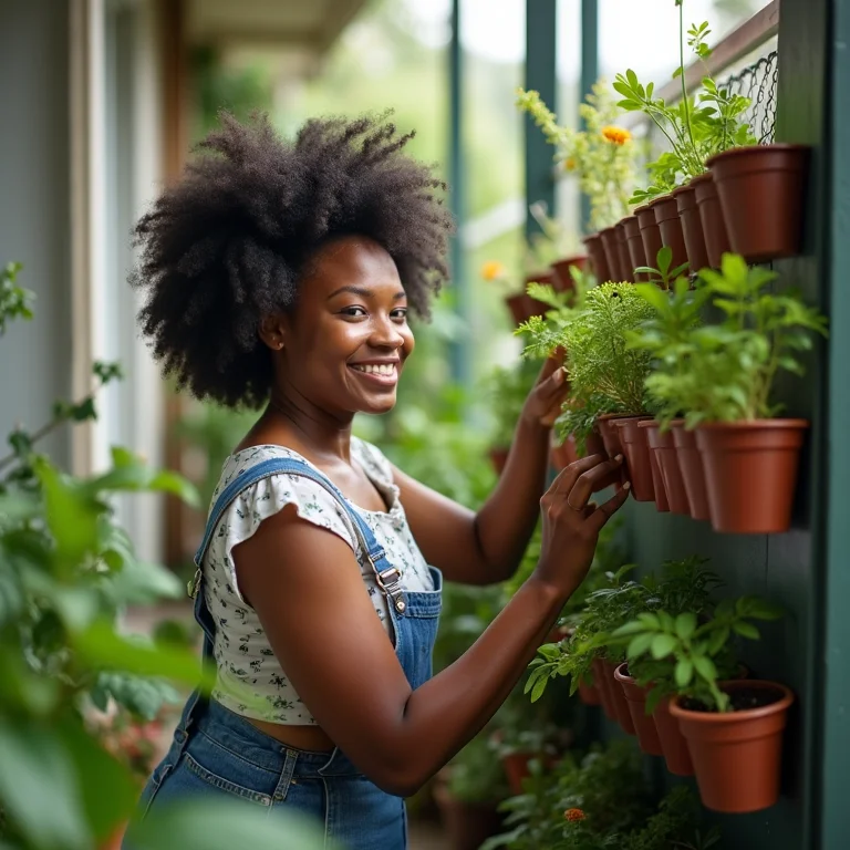Mulher aproveitando as paredes da varanda pequena.