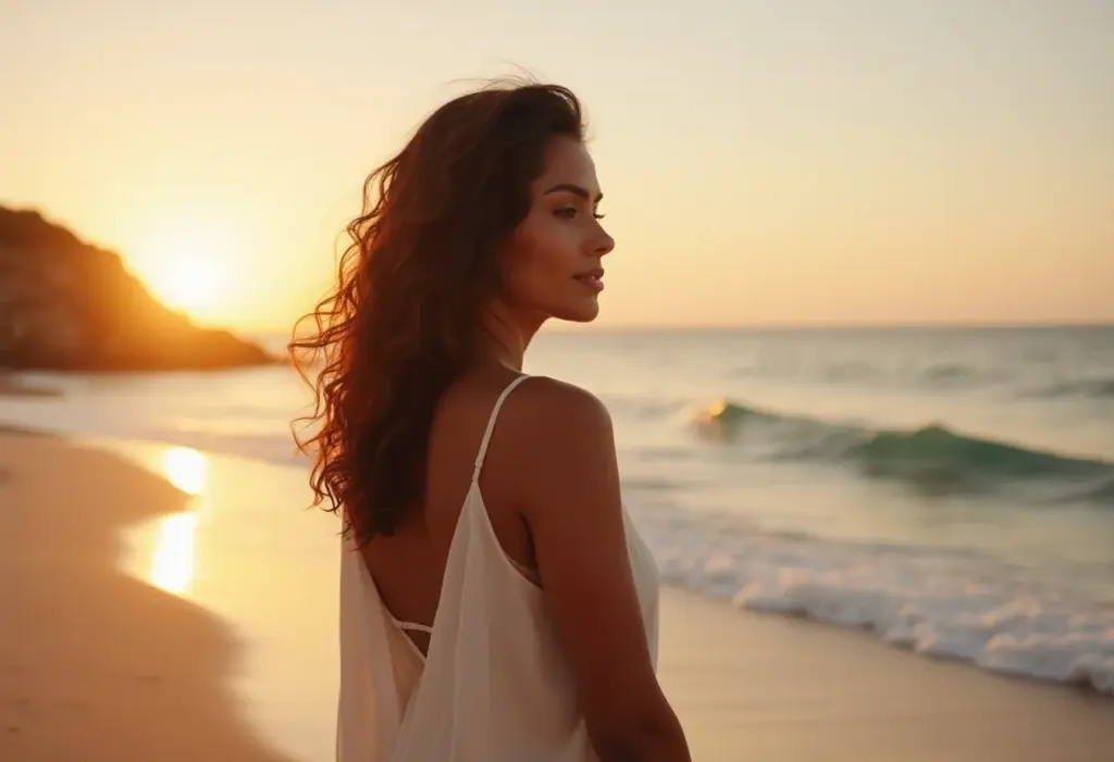 Mulher aproveitando o pôr do sol em Santo André, Bahia