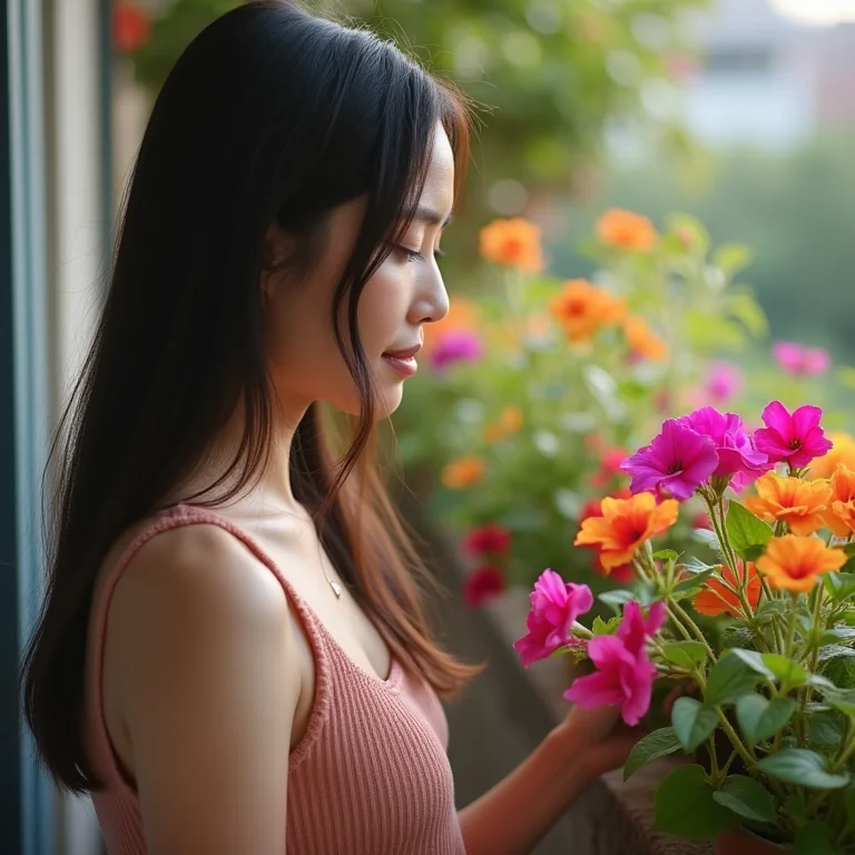 Mulher asiática-brasileira cuidando de petúnias na varanda.