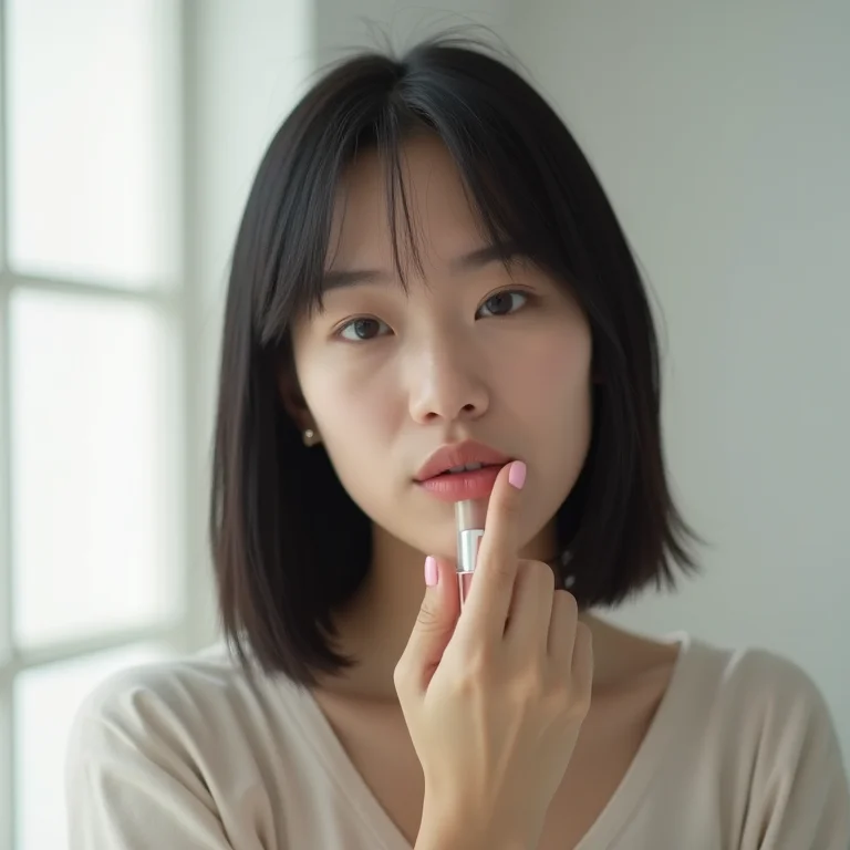 Mulher asiático-brasileira aplicando gloss labial volumizador