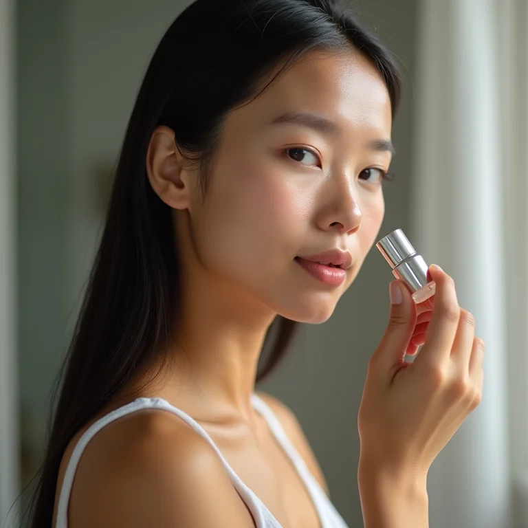 Mulher asiático-brasileira aplicando sérum facial.