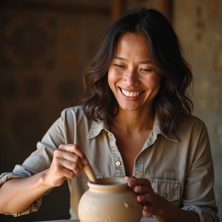 Mulher asiático-brasileira aprendendo artesanato Pataxó em Porto Seguro