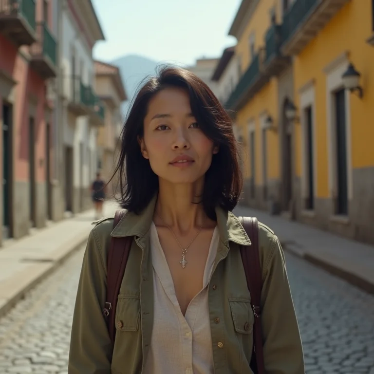 Mulher asiático-brasileira caminhando pelas ruas históricas de São João del Rei.