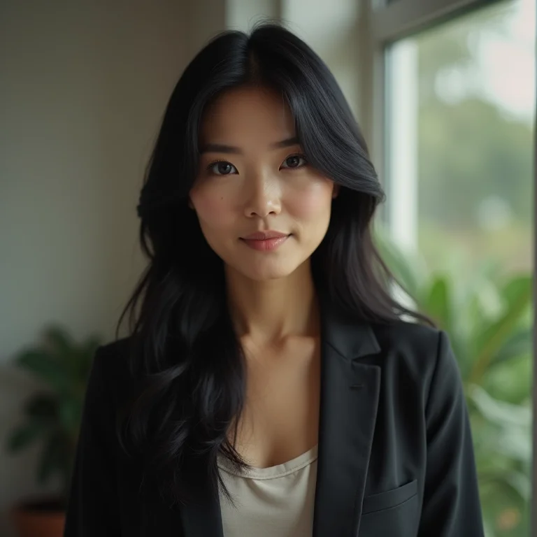 Mulher asiático-brasileira com blazer acinturado