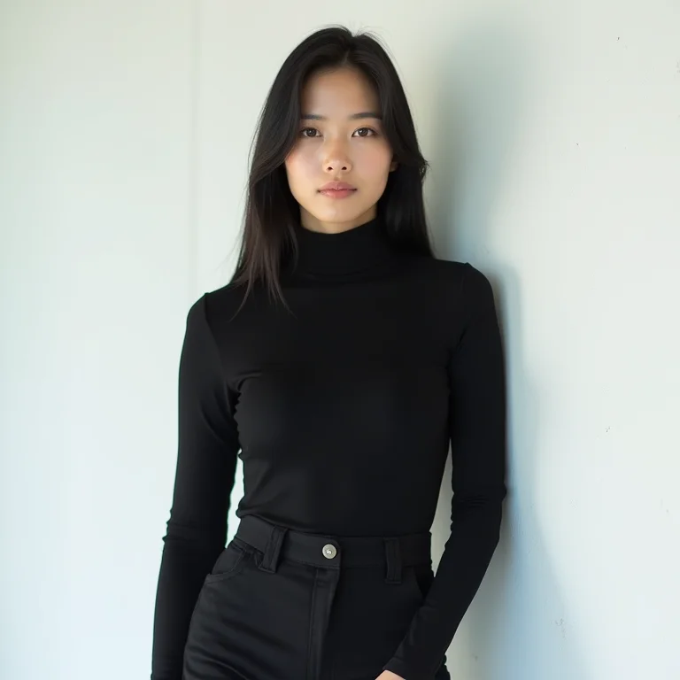 Mulher asiático-brasileira com calça ajustada e gola alta
