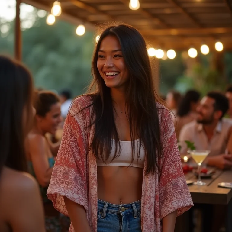 Mulher asiático-brasileira com kimono estampado em happy hour com amigos