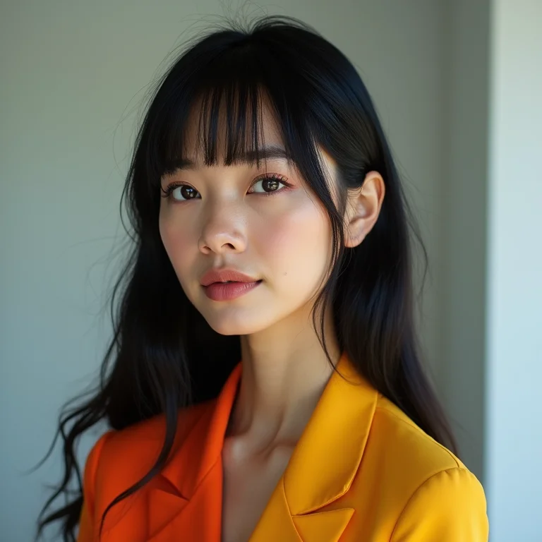 Mulher asiático-brasileira com maquiagem ousada e expressão confiante.