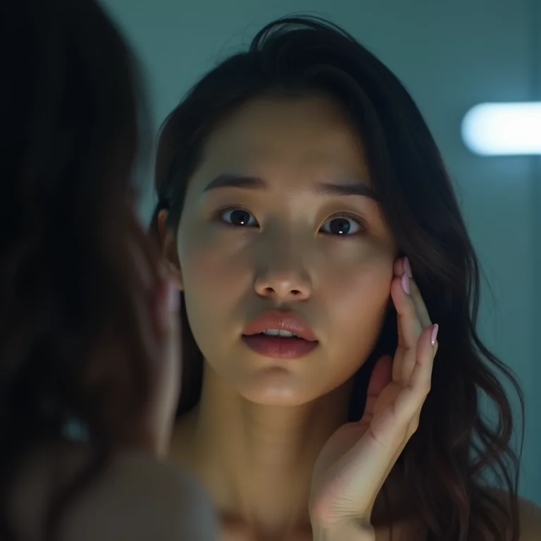 Mulher asiático-brasileira com maquiagem sob luz fria inadequada