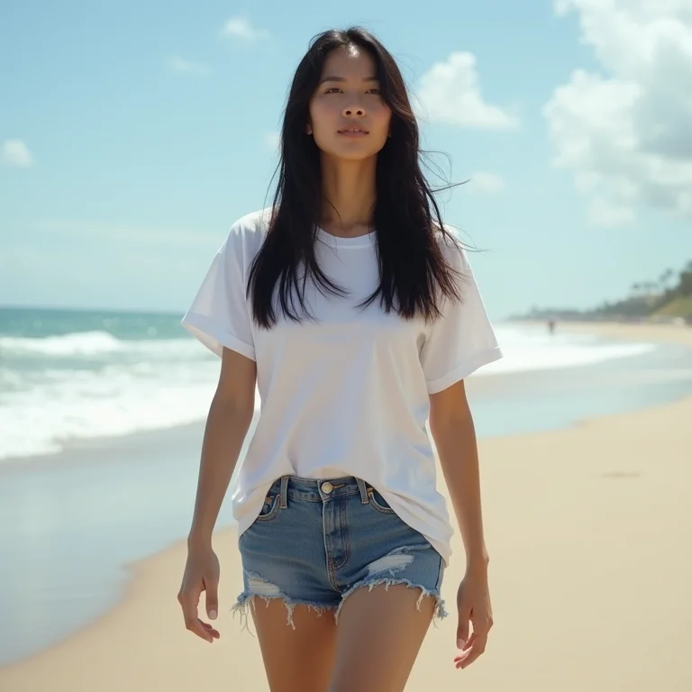 Mulher asiático-brasileira com shorts e camiseta na praia