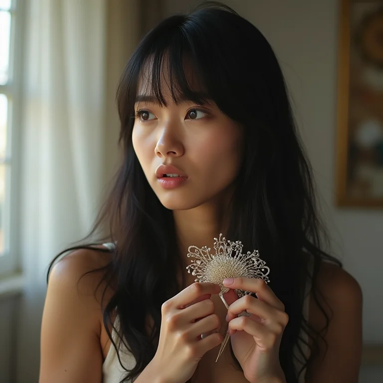 Mulher asiático-brasileira confusa com acessório de cabelo incompatível com seu estilo.