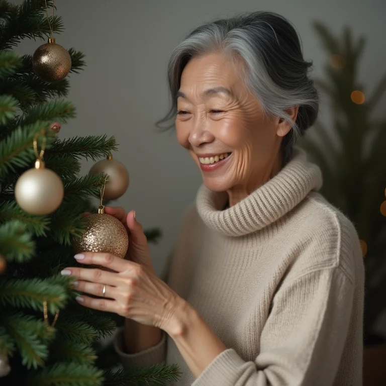 Mulher asiático-brasileira decorando árvore de Natal minimalista com enfeites personalizados
