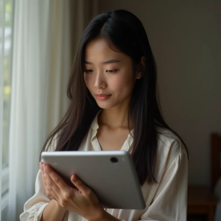 Mulher asiático-brasileira editando foto de maquiagem