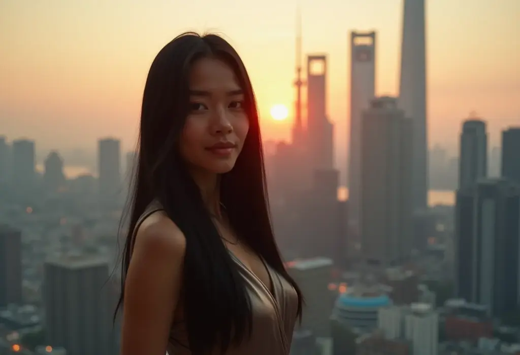 Xangai: O guia definitivo para sua viagem inesquecível Mulher asiático-brasileira em Xangai ao pôr do sol