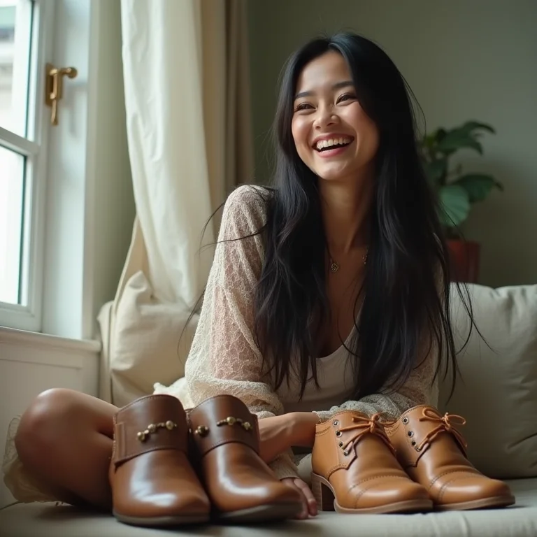 Mulher asiático-brasileira escolhendo sapatos para combinar com calça pantacourt.