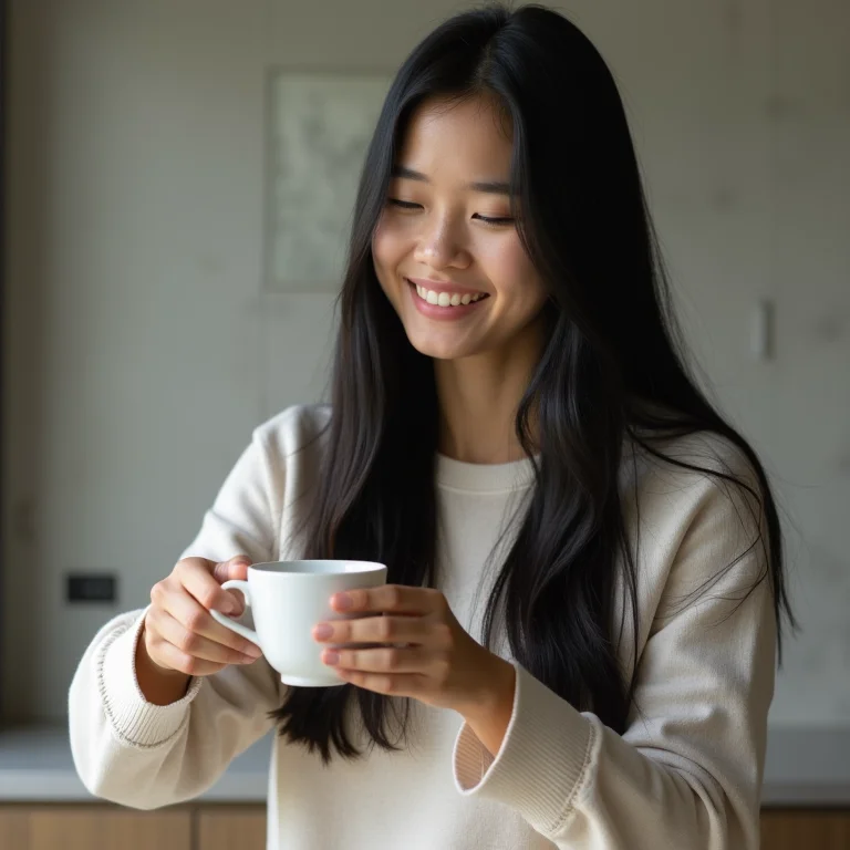 Mulher asiático-brasileira escolhendo xícara de chá em cristaleira moderna.