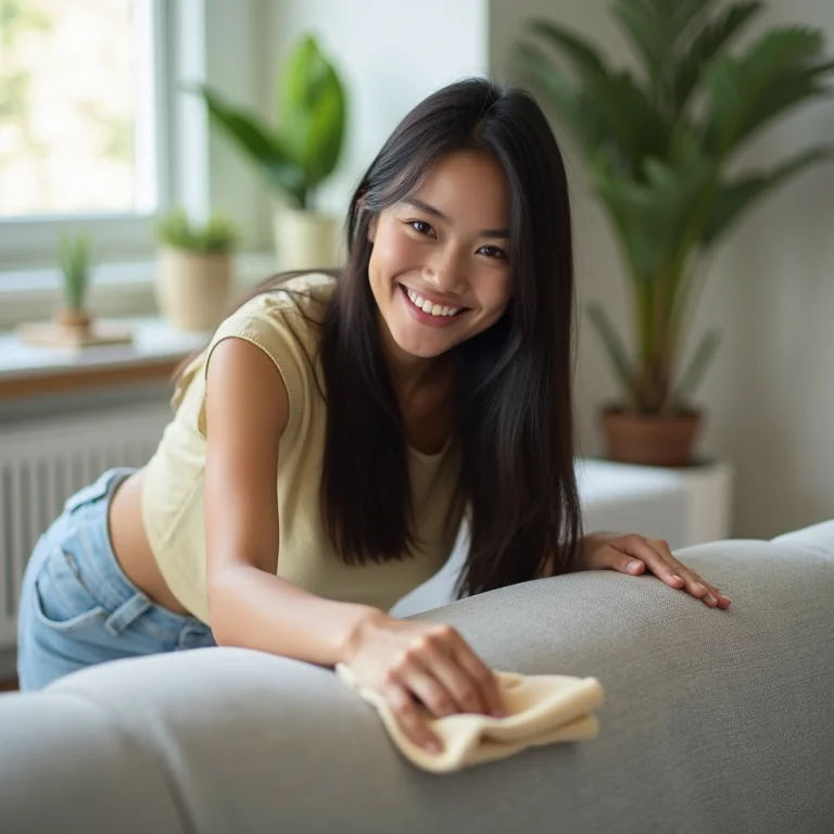 Mulher asiático-brasileira limpando sofá de tecido sintético.