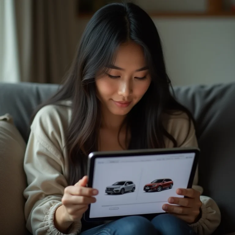 Mulher asiático-brasileira pesquisando carros online