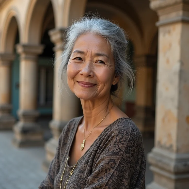 Mulher asiático-brasileira posando em frente a um prédio colonial histórico.