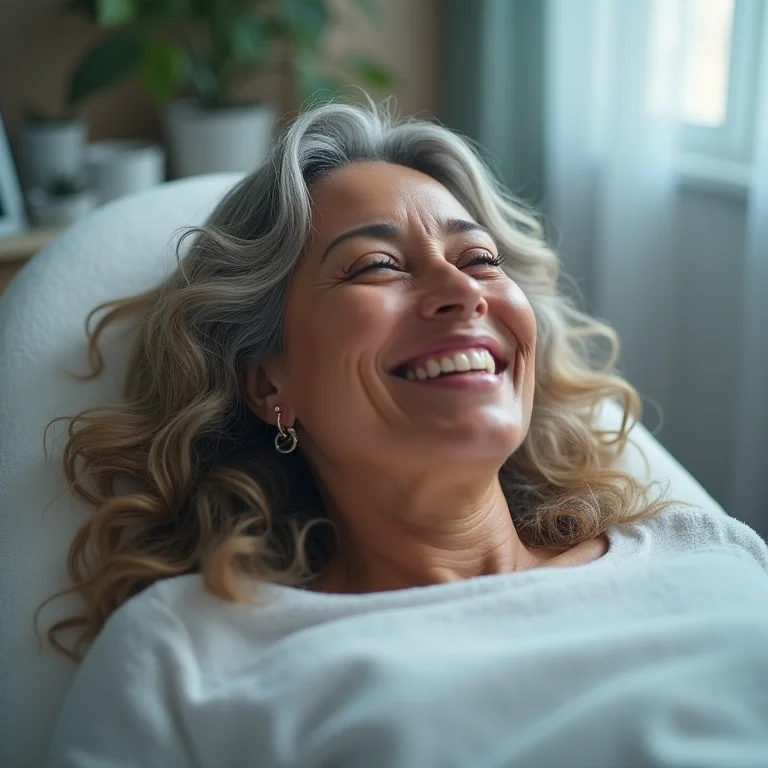 Mulher asiático-brasileira recebendo tratamento de ledterapia em clínica estética