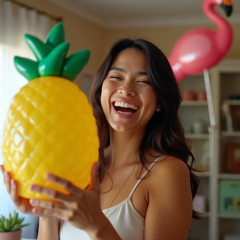 Mulher asiático-brasileira rindo em um chá de casa nova temático.